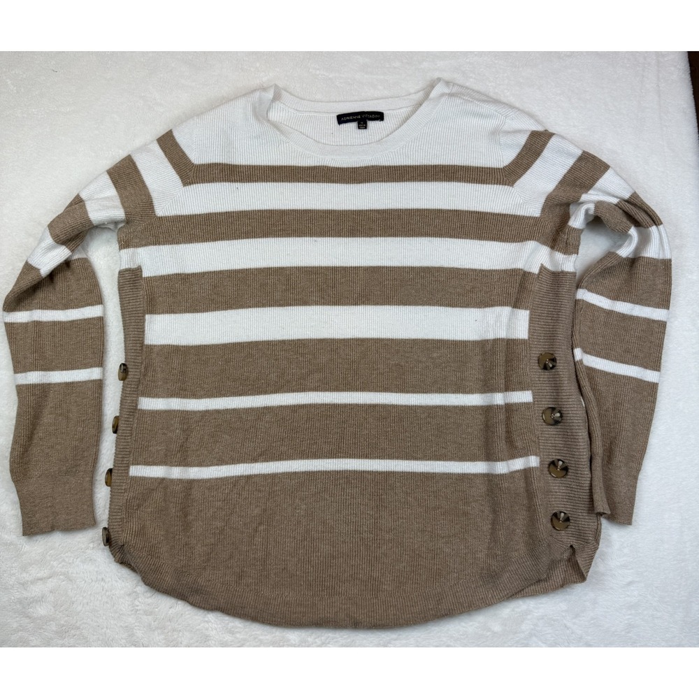 Adrienne Vittadini Women 1X Tan White Striped Side Button Crew Neck Sweater